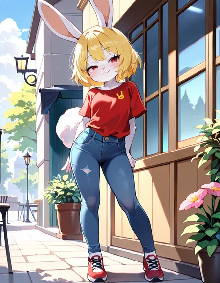 masterpiece, best quality, very aesthetic, absurdres,
outdoors,
full body, standing, casual, 
seductive smile, parted lips, long eyelashes,
 <lora:Carrot_v01_NAIXL-000011:1>
Ca3307,1girl,solo,furry,furry female,rabbit girl,short hair,blonde hair,rabbit ears,red eyes,animal nose,body fur,white fur,rabbit tail,