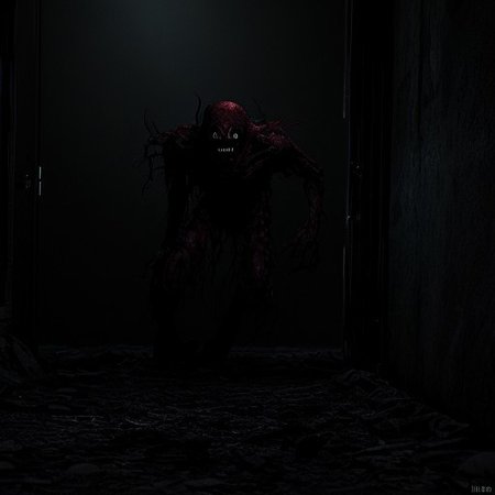 horror scene, knife, indoors, night time, gore, glowing eyes, evil, evil demon, soft errie dim lighting giving just enough light to see the danger ahead, even though it is night and dark there are multiple light sources throughout the scene so it is not overly dark. Horror cinematic lightning. terrifying level 12 out of 10