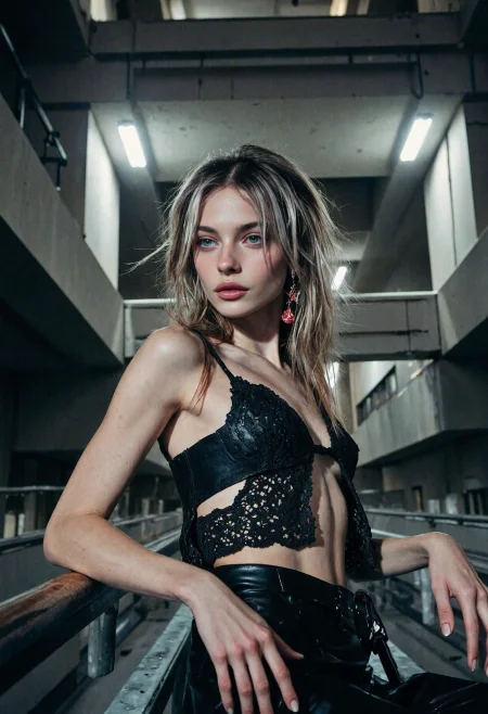 Pictorialist cowboy shot photo showcasing the beauty of young slim european woman, 26yo, with piercing hazel eyes round lips seen in a supermodel pose. She has tousled dyed emo-scene hair with wispy bangs and red e-girl makeup and lipgloss, wearing revealing crochet bustier top with a lace leather skirt in combination with earrings. Set on an abyssal brutalist stairwell structure, with suspended balconies that defy gravity, on a dark clear summer night. With diffuse broad and short lighting, bloom, authentic   <lora:flux_skinny_slider> <lora:flux_SkinDetails_v8> <lora:flux_UltraRealPhoto> <lora:flux_SameFace_Fix>
