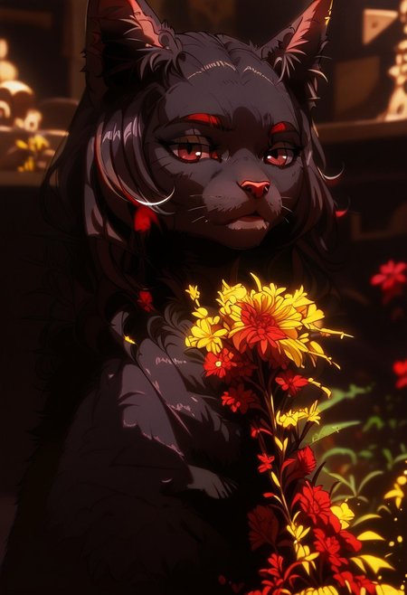 score_9, score_8_up, score_7_up, score_6_up, Expressiveh, saturated colors (best quality:1.1), (masterpiece:1.2), saturated colors, (detailed:1.1), (highres, best quality:1.2),(ultra HD quality details), animal, cat, black fur, curled, stunning eyes, solo focused, very aesthetic, portrait, close up, no humans, plant, red flower, pink flower, yellow flower, realistic, animal focus, dark background, muted colors,, GLSHS, HRMN