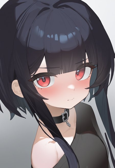 masterpiece, best quality, newest, absurdres, highres, very awa, anime screencap, no lineart:1.3, sketch, simple background, 1girl, solo, black hair, looking at viewer, closed mouth, portrait, collar, simple background, upper body, red eyes, blush, sidelocks, grey background, blunt bangs, black shirt, short hair with long locks, short hair, shirt, eye focus