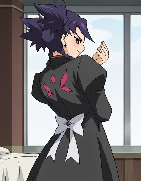 score_9, score_8_up, score_7_up, source_anime, <lora:nina-wang-s1-ponyxl-lora-nochekaiser:1>, nina wang, bangs, twintails, purple hair, braid, twin braids, orange eyes, anime screencap,, long sleeves, dress, jewelry, earrings, puffy sleeves, black dress, juliet sleeves,, suburban neighborhood, morning jog, earphones, running shoes, fresh air, sunrise, smile, <lora:dio-brandos-pose-ponyxl-lora-nochekaiser:1>, dio brandos pose, dio brando's pose (jojo), back, ass, from behind, jojo pose, standing, blush, smile, bed room,, looking at viewer, solo,, dutch angle, cowboy shot