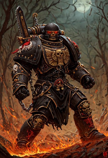 Score_9_up, absurdres, source: GamesWorkshop, grimdark, gothic horror, an adeptus astartes space marine in terminator armor and helmet, he is swinging a chainsword