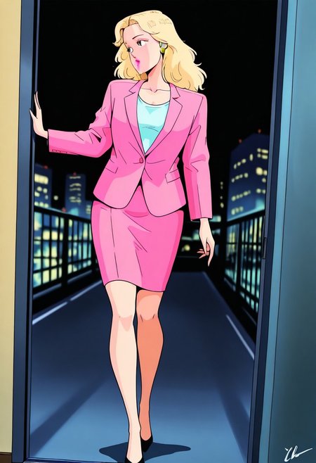 PerrineValleyMB, 1girl, solo, long hair, blonde hair, blue eyes, nose, eyelashes, pink lips, makeup, earrings,  collarbone, large breast, thick thighs, pink formal suit, suit with skirt, pink jacket, pink skirt, shirt,  shoes, high heels,
,seductive pose, sexy pose, tease, 
masterpiece, best quality, ultra-detailed, very aesthetic, detailed background, very aesthetic, newest, scenery, highres, 4k, absurdres, 8k, colorful,vibrant, glowing, perfect face, 2d, perfect eyes, detailed eyes, 
 masterpiece, best quality, ultra-detailed, very aesthetic, newest, scenery, absurdres, perfect anatomy, , perfect face, perfect eyes, mature body, clear eyes, beautiful eyes, athletic, curvy body, athletic girl, perky tits, perfect tits, round breasts, pinup pose, teasing, lustful expression,
muscular female, dutch angle,
,detailed eyes,Smooth Negative, highres, absurdres,   uncensored, city_pop_style, 1980s (style), retro,