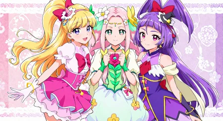 <lora:mahoutsukai_precure_all_in_one_illustXL_locon_v1:0.7> masterpiece, best quality, absurdres, very aesthetic, general, purple background, pink background, multicolored background, 3girls,
cure miracle, cure miracle \(diamond style\), crmrcldiamond, blonde hair, high ponytail, half updo, very long hair, shiny hair, hair beads around ponytail, eyebrows visible through hair, purple eyes, eyelashes, mini witch hat, pink headwear, heart hat ornament, pink hairband, hair ornament, pearl \(gemstone\), tilted headwear, red bow, hair bow, earrings, pink dress, white shirt, puffy short sleeves, red bowtie, red neckwear, brooch, pink skirt, layered skirt, corset, dress bow, pink bow, multicolored waist gem, white gloves, elbow gloves, bracelet, white socks, white legwear, frills, outstretched arms, smile, looking at looking at viewer, from from side,
cure felice, pink hair, sidelocks, twintails, twin braids, very long hair, parted bangs, shiny hair, hair intakes, hair flower, white flower, pink eyes, green eyes, flower in eye, multicolored eyes, flower-shaped pupils, eyelashes, circlet, earrings, butterfly hair ornament, green choker, brooch, pink flower, dress flower, green dress, white sleeves, puffy short sleeves, wrist cuffs, butterfly wings, fairy wings, bubble skirt, white skirt, white pouch, frills, clenched hands, smile, looking at looking at viewer, hands on own chest, 
cure magical, cure magical \(diamond style\), crmgcldiamond, purple hair, blunt bangs, shiny hair, very long hair, wide ponytail, half updo, purple eyes, pink eyes, eyelashes, eyebrows visible through hair, mini witch hat, black headwear, hair ornament, hat ornament, tilted headwear, pom pom hair ornament, star hair ornament, star hat ornament, red bow, hair bow, earrings, purple dress, cape, capelet, pink bow, bare shoulders, star ornament, brooch, gem, purple skirt, back bow, outstretched arms, smile, looking at looking at viewer, from side