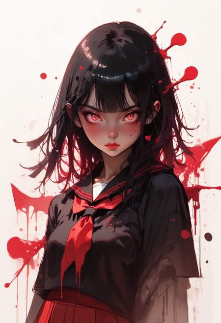 score_9, score_7_up,  1girl, red eyes, black hair, hourglass figure:1.3,  seifuku:1.4, monochrome:1.4, color splash:1, high contrast, masterpiece, best quality