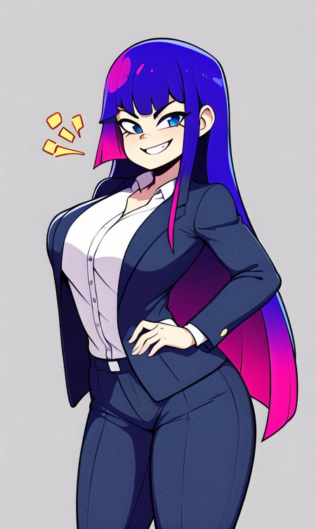 1girl, long hair, multicolor hair, :d, standing, cowboy shot, smirk, business suit, open jacket,