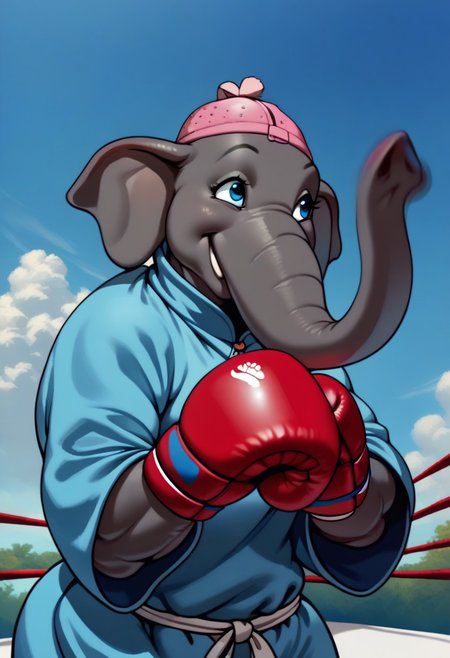 solo, 1boy, anthro, black eyes, elephant ears, anthro  elephant_female, Bbw plume hat, elephant trunk, trunk nose, yellow eyes, purple cape, headwear wide sleeves, high collar, multicolored hair, ,(boxing outfit),1girl,, muscular, muscle, light_smile, mature woman, wrinkled face, defensive pose,  zPDXL3, pov_boxing
 incoming_punch motion blur (anthro elephant, elephantmatriarch), happy, blue eyes, trunk nose, trunk, tail,pink hat, blue shawl with pink fringe, pink boxing gloves