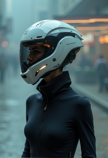 a woman   Mass Effect  helmet on his head , photo by Arne Svenson, Motion blur, action,