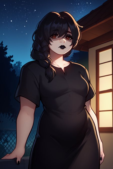 score_9, score_8_up, score_7_up, BREAK 1girl, solo <lora:NSMarnieStardew:1> NSMarnieStardew, single braid, brown eyes, black hair, black dress, black eyeshadow, black lipstick, black t-shirt, black skirt, night, bangs over eyes, expressionless face, looking at the viewer