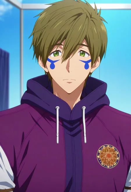 masterpiece, best quality, , anime screencap, , official style, , 1boy, solo, male focus, <lora:makoto_tachibana_ilxl:0.9>, makoto_tachibana, brown hair, green eyes, hair between eyes, tachibana makoto, , Rosewood Batik Terry cloth Utility joggers, DeepPlum Brocade Parka, , , Face Paint andArm sleeve