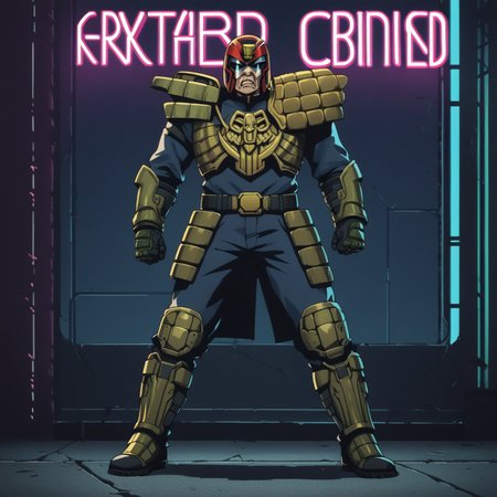 score_9,score_8_up,score_7_up,score_6_up,score_5_up,score_4_up,source_anime BREAK judge dredd,armor,helmet,scowling,black visor,full body shot,<lora:Judge_Dredd_Comic_Style_v2_Pony_SDXL:0.8>,cover art,cyberpunk city,dark city,neon lights,