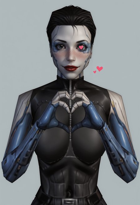 score_9, score_8_up, score_7_up, score_6_up, score_5_up, score_4_up, 1girl, <lora:AnnaNavarre:0.75> , colored skin, white skin, solo, large breasts, cyborg, short hair, black hair, robot joints, mechanical parts, mechanical arms, red lips, makeup, robot eye, upper body, looking at viewer, blush, smile, heart hands, 
(light blue background), simple background,