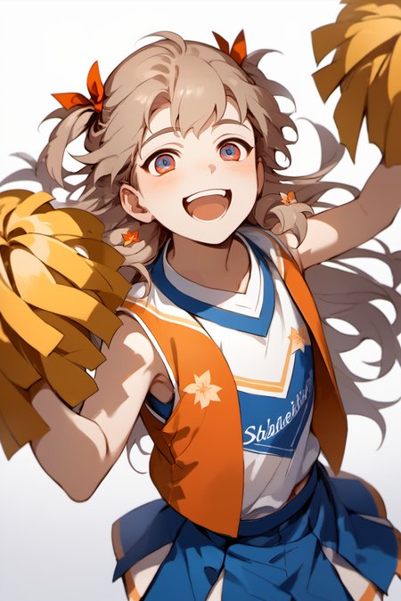 score_9, score_8_up, score_7_up, masterpiece, best quality, 1boy, solo, young boy,   shentafei, light brown hair, two-colored eyes,long hair, <lora:ShenTafeiPonyV3:1>,    <lora:cheerleader_pony_V1.0:1> jyojifuku, cheerleader, pom pom \(cheerleading\), smile, open mouth,  <lora:half twintail_pony_V1.0:0.8> half twintail, ribbon