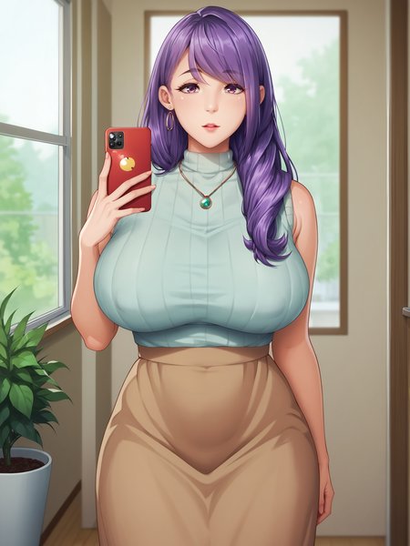 score_9, score_8_up, score_7_up, score_7_up, shadow, amui, exl, 
Sakiko Ichinose, a girl is standing, holding phone, 
looking at viewer, parted lips, confident,
1girl, mature female, solo,
long hair, purple hair, purple eyes, earrings, necklace, hair over shoulder, 
turtleneck sweater, sleeveless sweater, skirt, long skirt, brown skirt,
curvy, large breasts, thick thighs, 
indoors, room, window,
<lora:Sakiko Ichinose3216PDXL:1>