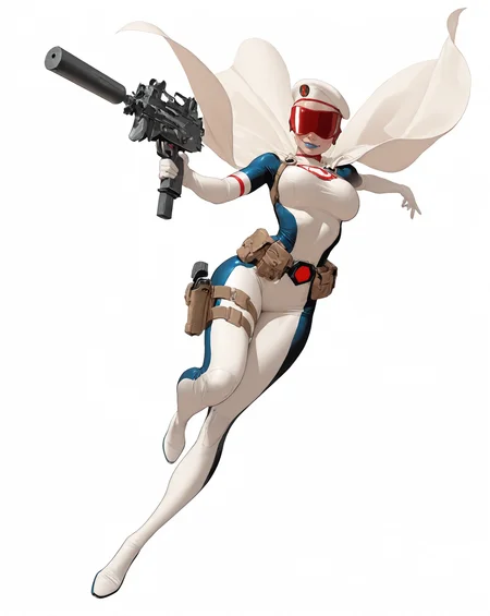 solo, (full body shot, wide shot:1.2), 1girl, (30 year old Russian woman:1.2), beautiful female cyborg spy, fair skin, (white with light blue accents superhero bodysuit with armor padding:1.3), white body armor vest, thigh pistol holsters, white cloak, white military beret, cyborg, cybernetic seams, utility belt, blue eyes, epic red visor, long blonde hair, hair bun, white arm length gloves, slim waist, (toned body:1.1), (large breasts:1.2), wide hips, ultra detailed face, (blue lips:1.2), confident closed mouth smile, strong jaw line, white thigh high superhero boots, (shooting a uzi machine pistol with a suppressor:1.2), white background, (dynamic pose, dynamic composition, dynamic angle:1.2), digital painting, masterpiece, best quality, very awa, absurdres, 8k, comic art style,  <lora:NOOB_vp1_detailer_by_volnovik_v1:0.6> <lora:noobai_vpred_1_aqm_complete_v3:0.3> masterpiece, best quality, very aesthetic <lora:HyperdetailedColoredPencilIl:0.3> ArsMJStyle, Colored pencil hyperdetailed realism <lora:ponyv6_noobE11_2_adamW:0.3> <lora:illustriousXL_stabilizer_v1.7:0.4> <lora:Comics_IllustriousXL_Lora:0.3> C0M1C5 Style <lora:Superhero_Aesthetic_Illustrious:0.3> SUP3RH3R0 Style, comic art style, <lora:Carlos GomezStyleilluLYCO:0.3> cgstyle, (borderless), <lora:ppw_v7_Illuv1.0_1_r2:0.2>, <lora:anatomy_helper:1> <lora:Uzi_-_Machine_Pistol:0.5>