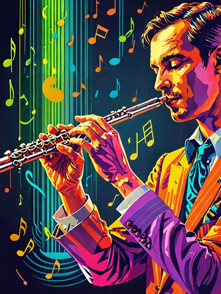man playing flute  music notes  , art deco<lora:add-detail-xl:1> extreme detail, high quality , dayglo  colors, flat colors <lora:hand 4:1>