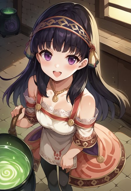 score_9, score_7_up, hd, (ultra hd quality details), source_anime, indoors, light particles, 
solo, 1girl, atslstera, long hair, hairband, purple eyes,
slsteradef, print dress, necklace, off-shoulder dress, bare shoulders, black pantyhose,
looking at viewer, blush, smile,
from above, standing, open mouth, cauldron, 
<lora:_shallistera_argo-elesico-ponyB:1>