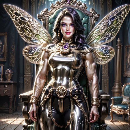 Action scene, Photo realistic, hyper realistic, score_9, rating_safe, solo (arch fey woman, (beautiful detailed face), (violet eyes), (bronze metallic gold skin ral-polishedsteel), (pirate, white blouse, black pants, gloves), (fairy wings), (long black hair), (thick thighs | large muscles), (sword belt)), standing next to a throne, in a detailed throne room, hi res, hi quality, 4k, realism