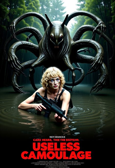 A horror movie poster focusing on a monster. The lower part of the image features a woman with partial camouflage face paint waist deep in murky water holding an assault rifle, looking at viewer nervously. She is a stunning beauty with gorgeous platinum-blonde short curly hair and blue eyes and pale skin wearing a black sports bra and military gears. The upper part of the image behind her features a monster snail looming over her. The monster is a fusion of snail and human, featuring multiple arms extending toward her, its dark skin is covered with faintly glistening oily mucus. The scene is beneath a canopy of a dense and dark jungle, tall and large trees blocking the sunlight, obscuring the soldier and the monster, making the image dark overall. The movie title 'Useless Camouflage' written at the bottom of the image in simple and bold red font with faint glow. (Production credits below the movie title.:1.2) aidmatextimprover, cleavage, high contrast