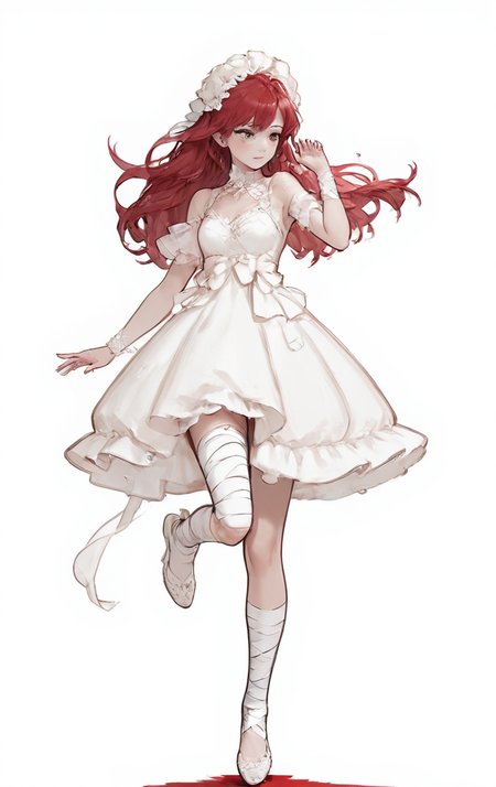 score_9, score_8_up, score_7_up, score_6_up, score_5_up, score_4_up,
 <lora:OverDesignedGirls:.7>
1girl, bandaged leg, bandages, dress, full body, long hair, red hair, simple background, solo, standing on one leg, white background, white dress