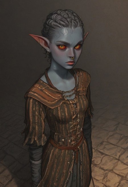safe_pos, solo, short pointy ears, piercings, random elf face, aquiline features, female dark elf, brow rings, nose rings, beaded piercings, weathered skin, large nose, insect chitin armor, insect chitin helmet, insect chitin ornaments, stylized insect pattern, athletic build,  animated realism, zoomed out, Syrian features, torso, brass pipes and gears, intricate architecture, dwarven masonry, dwemer fixtures, white-green light, gloomy lighting, ancient ruins, interior, stone tiled floor, grey-blue skin, mahogany and ivory clothes, medium armor, bone plate armor, ivory straps and fittings, alien bone ornaments, grey wood neckguard, red sclera, black pupils, blue-green light, neon, highly detailed, defined features, looking at viewer, three quarters view, from above, dynamic lighting, 19 years old, light and shadows, patterned cloth, annoyed expression, expressive eyes, detailed medieval clothes, medium_breasts, short hair, wavy hair, thick hair, beaded hair, braided hair, under cut hair, semirealistic, alien elf, spanish features, jewish features, white grey hair, dark red hair, umber skin, sharp features, pastel green inuit print cloak, nighttime, high detail, absurdres, pretty eyes, detailed eyes, yellow eyes,