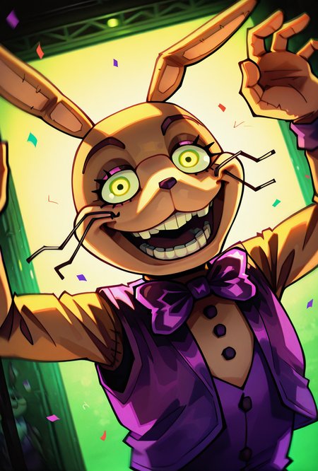 <lora:glitchtrap-04:1> glitchtrap, smile, purple bowtie, purple vest, , furry, 1boy, rabbit ears, teeth ,   <lora:sakfsdajfkasd:1> alpharecdyt, purple circus, green lights, cinematic, foreground blur, confetti, tilted angle, floating rabbit masks, dancing, floating faces, upper body, cowbot shot, dutch angle,, masterpiece, best quality, amazing quality, very aesthetic, absurdres, newest,