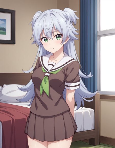 score_9, score_8_up, score_7_up, source_anime, uncensored, <lora:StS_detail_slider_v1:3>, zPDXLxxx, <lora:Sora_Tenkuji_PONYXL_VexVexX:1>, SoraTenkuji, green eyes, grey hair, long hair, bangs, hair between eyes, two side up, medium-small breasts, school uniform, skirt, brown skirt, pleated skirt, shirt, brown shirt, short sleeves, sailor collar, white sailor collar, green neckerchief, cowboy shot, bedroom, from front, standing, hands behind back, looking at view, thighs,