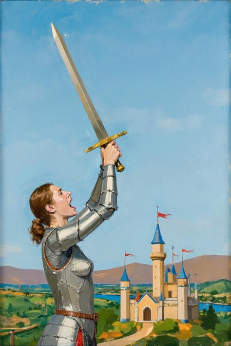 euanuglow1 painting. Young woman in medieval metal armor, lifting a giant sword toward the sky.  She is shouting angrily.  There is a castle in the background overlooking a valley, <lora:euanuglow1_cap_d6aee11:1.0><lora:845529295356008053:0>