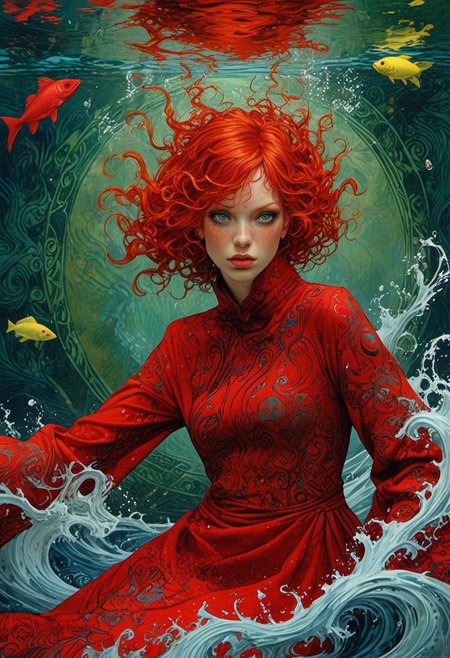 The composition includes evil female, red short dress, curly red hair with glitter, backstroke in the pool, most of the picture shows water,  trending on ArtStation,and man dark black face with red eyes aaron horkey, in the background, hyeronimus bosch.   dark blues and citron green, patterns, hypnotic, art by careening into peace.
