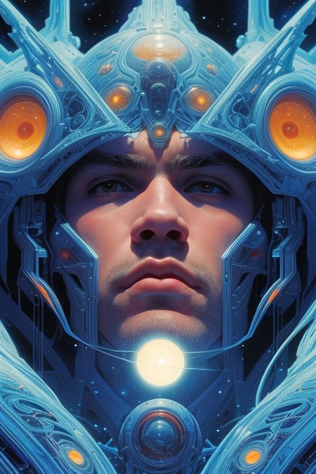 (male:1.5), (handsome:1.5), (stubble:1)
PhDruillet art, <lora:PhDruillet:1.3>, 3/4 view, (close-up:1.5), gorgeous space prince, detailed face, high resolution, high quality, HIGH-TECH, ORGANIC, electronics, volumetric lighting, mid-blowing background, seductive, elegant charm, celestial
 <lora:gender_slider_v1:-5>