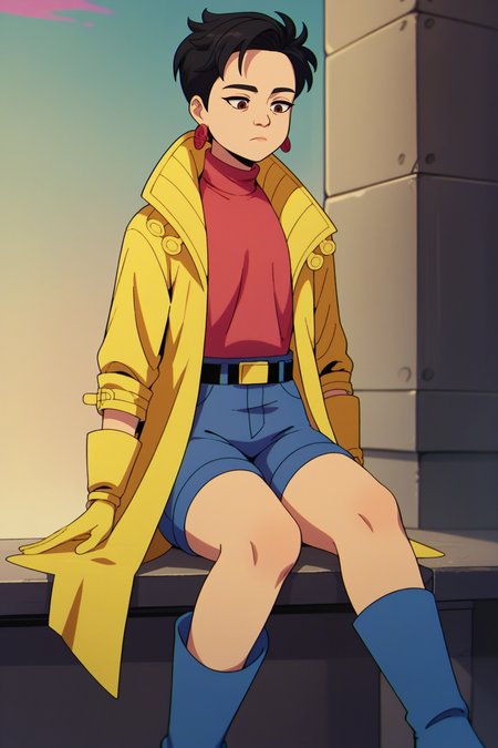 score_9, score_8_up, 1girl, solo,  <lora:clamJubilee_xmen97PDXL:1> clamJBLee97, black hair, brown eyes, pink dress, yellow coat, yellow gloves, pink shirt, turtleneck, blue shorts, belt, blue boots, earrings, sitting, expressionless face, eye circles, looking down
