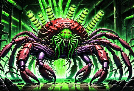 masterpiece,best quality,anime screencap,scene from hellsing, a cybermutant crab covered in glowing green tubes