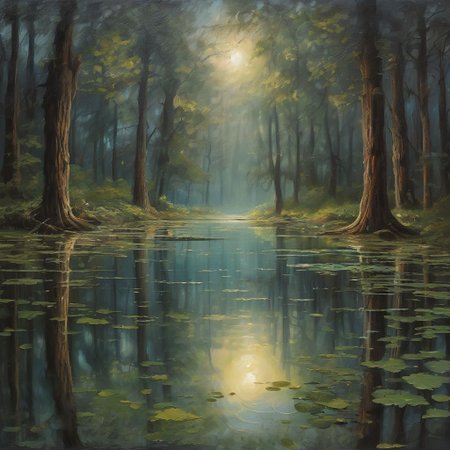 rain drop with reflection of a magical forest, refelction in reflection in a crystal-clear pond, shimmering under the light of the full moon, casting a mystical glow over the serene scene, illuminating the surrounding trees with an ethereal light, creating a dream-like atmosphere that transports the viewer to another world.