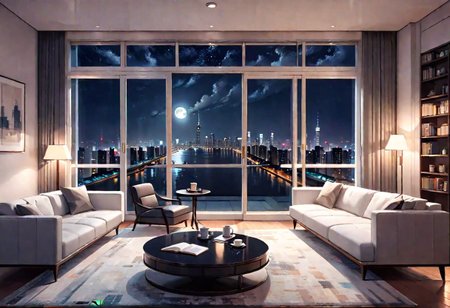 ((front view)), Shallow scene, ((animation style)), modern-style interior, with white walls, (large windows), a  study, Sofa, coffee table, bookcase, single wall, gloomy room,
Warm lights, quiet and mysterious night sky, starry sky, moonlight, city night view, (City high-rise building scenery), (City scenery outside the window)