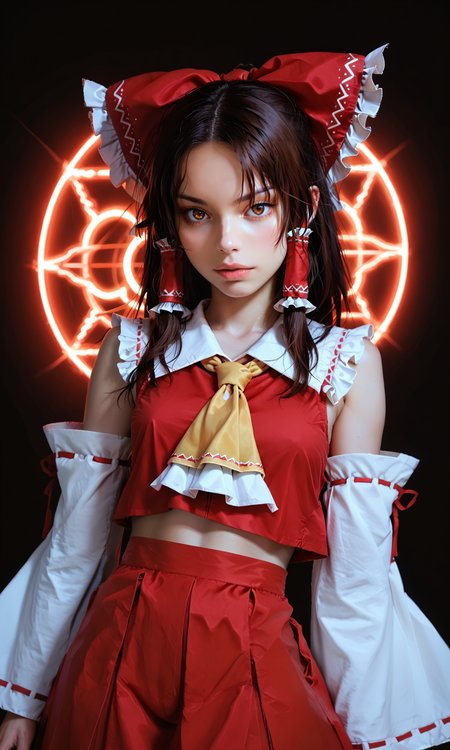 score_9, score_8_up, score_8, score_9, 1 girl,  source_anime, 1 girl,  hakurei reimu, brown hair, brown eyes, hair tubes, ascot, detached sleeves, ribbon trim, red skirt, red shirt, red hair bow, <lora:reimu_hakurei_pony-10:0.8>,   <lora:incase_style_v3-1_ponyxl_ilff:0.8> <lora:g0th1cPXL:0.4> g0thicPXL, glowing, neon, yellow ascot, white sleeves, detailed background, small breasts