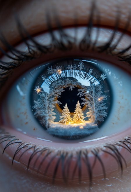 A super close-up of a woman’s eye, the iris a glowing snow globe, with whites and silvers swirling like snow, tiny golden trees glowing inside. A tattoo of a black snow globe base with silver snowflakes wraps around the white part, the snowflakes mixing into the iris’s snow like they’re falling from it. The pupil is a dark snowflake, holding the storm, shot in a cold silver glow with a Fujifilm X-T4, .raf file, making the snow globe and tattoo fill the whole frame.
, aidmamj6.1, aidmaHyperrealism, aidmafluxpro1.1
