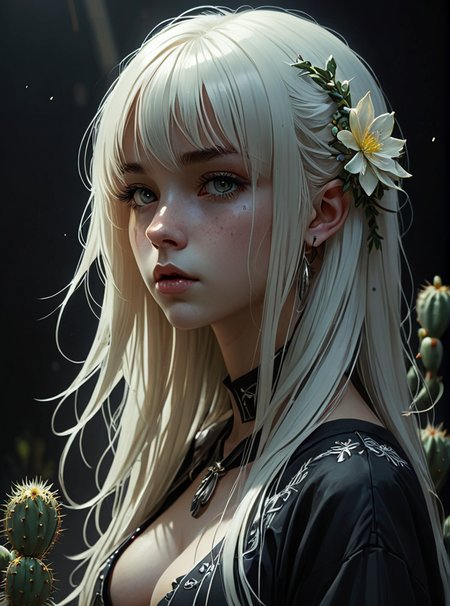 2D drawing, overhead shot, full body girl with long white hair and bangs, profile, (Anna Dittmann, Ilya Kuvshinov, Jeremy Mann) a large obsidian medallion, low head, hyper detailed eyes, cactus flower, dark shadows, very tall contrast, overhead light, dark background, gloomy atmosphere, manga style