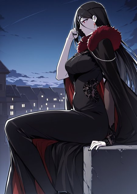 <lora:Hailey_Orga:1>
1 girl, solo, red eyes, black hair, long hair, hair between eyes, pale skin, large breasts
black dress, bridal gauntlets, cape, earrings, eyepatch, fur trim, black nails, black fingerless gloves, high heels, pantyhose, single glove
score_9, score_8_up, score_7_up, score_6_up, source_anime, masterpiece, best quality, absurdres, highres, newest, anime coloring <break>  1girl, solo, sitting, on wall, from side, town, night sky, cloud