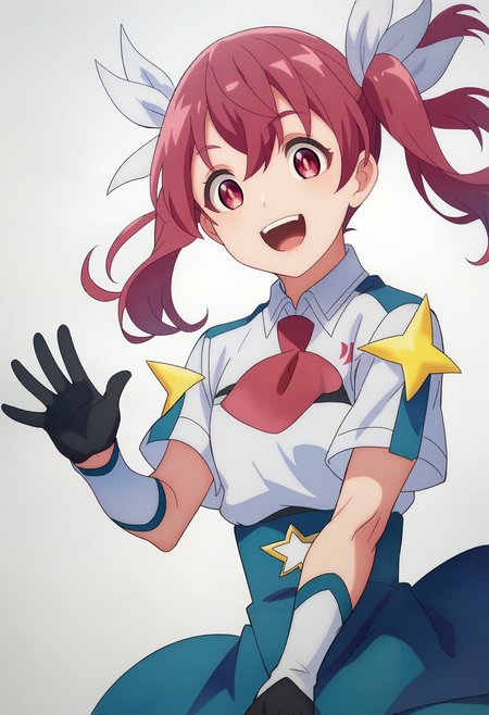score_9_up,score_8_up,score_7_up,<lora:MCL_KS_v1.0_PONY-000034:1>,
MCL_KS,twintails,solo,black gloves,smile,pink hair,pink eyes,hair ribbon,white short sleeve,blue skirt,white arm guard,waving,looking_at_viewer,white_background,simple_background,open mouth