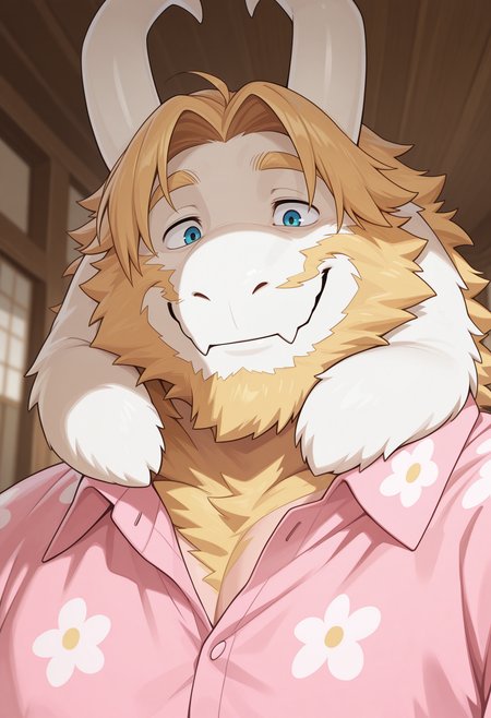 masterpiece, best quality, amazing quality, solo, 1boy, AsgoreUT, smile, close-up, floral shirt