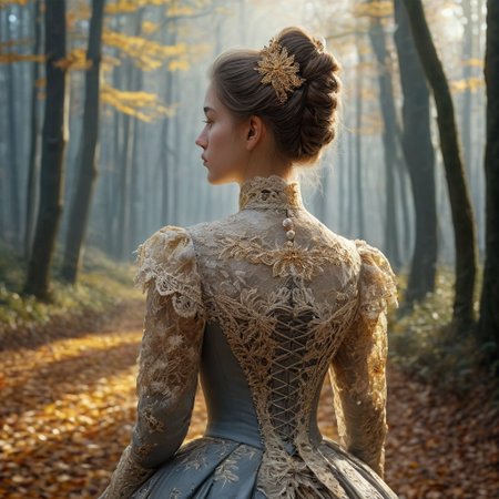epiCRealism, masterpiece, highly detailed, one girl in a extremely detailed Victorian dress, lace and embroidery with golden leaves and pearls, hair made in a high bun, she walks alone through a late autumn forest in a cold morning, the Sun has just risen and timid sun-rays pierce the autumn leafs and reaches the early mist that clings to the earth, time stands still while  early snowflakes falls from a grey sky