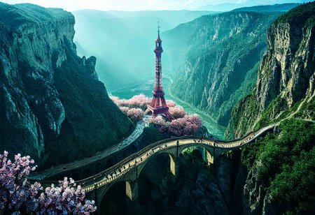 towers ringed in mist, sunrays, mixed media, flux-style, surrealism, fantasy, great lighting, A surreal landscape highly detailed, extremely high-resolution details, appears trapped in an optical illusion of reflections and refractions, colorful, Spring, cherry blossoms in the wind, sweeping vistas, majesty, spring blooms, (Zhangjiajie mountains:1.2),  (((Paris in contemporary France, baroque architecture, European architecture, German Renaissance towers))), (stone arch bridges:1.05), winding rivers extending to the horizon, professional photography, natural lighting, volumetric lighting maximalist. vivid, vibrant colors, intricately detailed, (psychedelic colors, psychedelic colors:1.15), complex, elegant, expansive, fantastical, film photography style, medium grain, cmnt
 (8k uhd:1,4)
 <lora:add-detail-xl:1>
 <lora:Dynamic Poses:1>