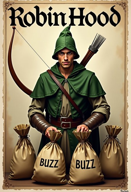 Robin Hood is depcited on a poster as he is handing over bags with the text 'BUZZ' to the poor. The savior of people. Wallpaper. The title of the poster reads 'Robin Hood' in a font similar to the writing style in the middle ages.