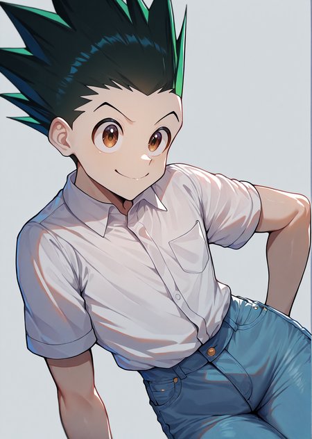 masterpiece, best quality, newest, absurdres, highres 1boy, solo, male focus, <lora:IlluGon-000010:1> illugon, black hair, green hair, spiked hair, brown eyes, white collared shirt, short sleeves, jeans, smile,