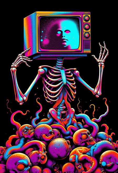 80s retro fantasy art, bo-psychedelic, a digitally created, psychadelic image featuring a surreal scene. The central subject is a psychadelic skeletal figure with a large, rectangular, old-fashioned CRT television for a head. The television screen is filled with a glitchy witch  portrait , The figure's body is skeletal, with exposed bones and tendons, and it stands on a tangled mass of human-like, root-like appendages that are intertwined with numerous human skulls. The skulls are arranged in a chaotic, organic pattern, some resting on the ground, others embedded in the root-like structures. The skeletal figure's arms are elongated and skeletal, with fingers that are also skeletal, extending outward. The background emphasizes the stark contrast and making the detailed textures of the figure's body and the skulls more pronounced. The image combines elements of horror and psychedelic surrealism, creating a haunting and unsettling atmosphere. The overall style is highly vibrant and full of abstract colors, with a focus on the intricate textures and shapes of the skeletal structure and the organic, twisting roots.
