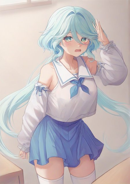 1girl, yamakaze (kancolle), huge breast, bare shoulders, blue neckerchief, blush, cowboy shot, desk, detached sleeves, door, green eyes, green hair, hair between eyes, hair flaps, indoors, long hair, long sleeves, looking at viewer, miniskirt, model airplane, neckerchief, nose blush, paper stack, pleated skirt, ponytail, salute, skirt, sleeves past wrists, solo, sweat, thighhighs, very long hair, worried, zettai ryouiki,  zPDXL3  <lora:Rio_Blver:1>
