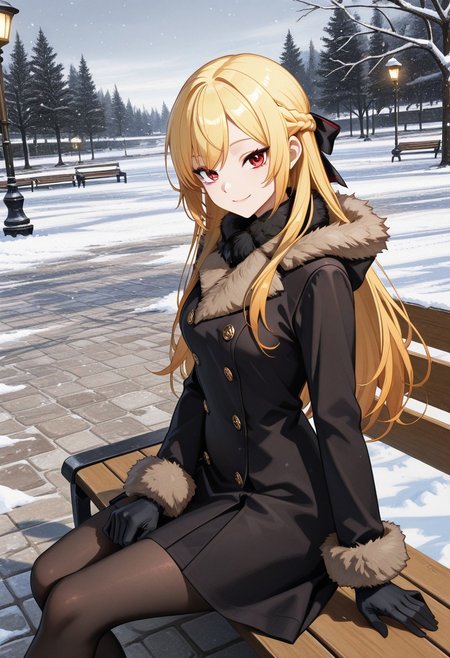 1girl, solo, anime coloring, anime artwork, unholy-aesthetic, masterpiece, best quality, newest, absurdres, highres, safe, CG, cinematic lighting, natural shadow, highest detail, detailed background, intricate scenery, depth of field, insane details, intricate, subsurface scattering, very aesthetic, serene atmosphere, artistic rendering, dramatic contrast, luminous elements, soft painterly texture, striking visual design, finely detailed face, beautiful face, dutch angle, cinematic angle, from side, 
looking at viewer, kind smile,
sitting, sitting on bench,
park, tree, lamp post, snow, cobblestone,
<lora:kaelaIL:0.45> kaelaIL, long hair, french braid, blonde hair, red eyes, tsurime,
<lora:VintageFurTrimCoatILL:0.8> fur trim, fur-trimmed coat, coat, pantyhose, gloves, fur-trimmed gloves, (black gloves:1.5)