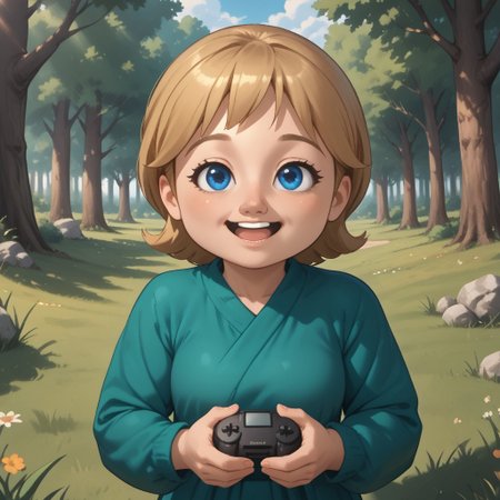 score_9, score_8, BREAK, solo, mii, wii, wii sports resort, 1girl, female mii, cute, blonde hair, black blue eyes, rare eyes, tree shaped nose, open mouth, buck tooth, double chin, chubby, chubby female, dark green clothing, white pants, barefoot, Megan_(\Wii_Sports_Resort\), Nintendo Mii, modern_mii, classic_mii, big breasts, sexy pose, self portrait, smile, outdoors, sunlight, shadows, evening lighting, natural lighting, forest, trees, grass, orange sky, sunset, sitting, soles