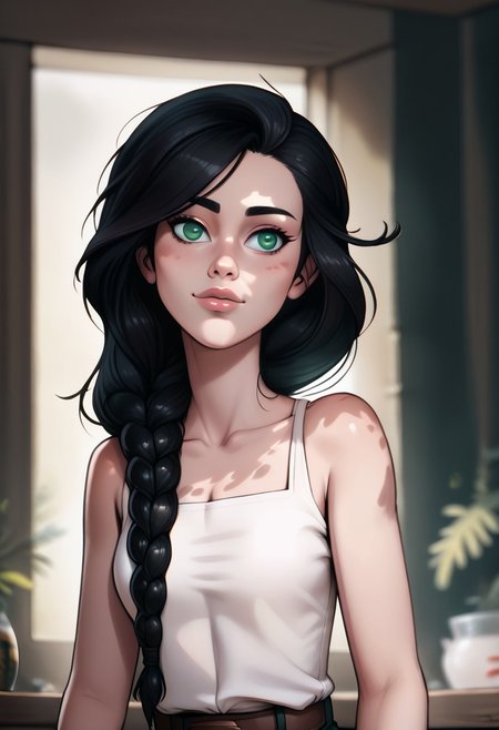 score_9, score_8_up, score_7_up, score_6_up, PRSNL_3_1, w_g_f,  uncensored, 1girl, pupils black dots, lips, (((upper body))), 
warm light,
 (realistic),
heather_tre, 1girl, black hair, long hair, single braid, hair over shoulder, green eyes, pauldrons, breastplate